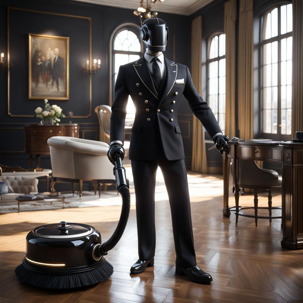 Robot Butler Cleaning in Art Deco Style