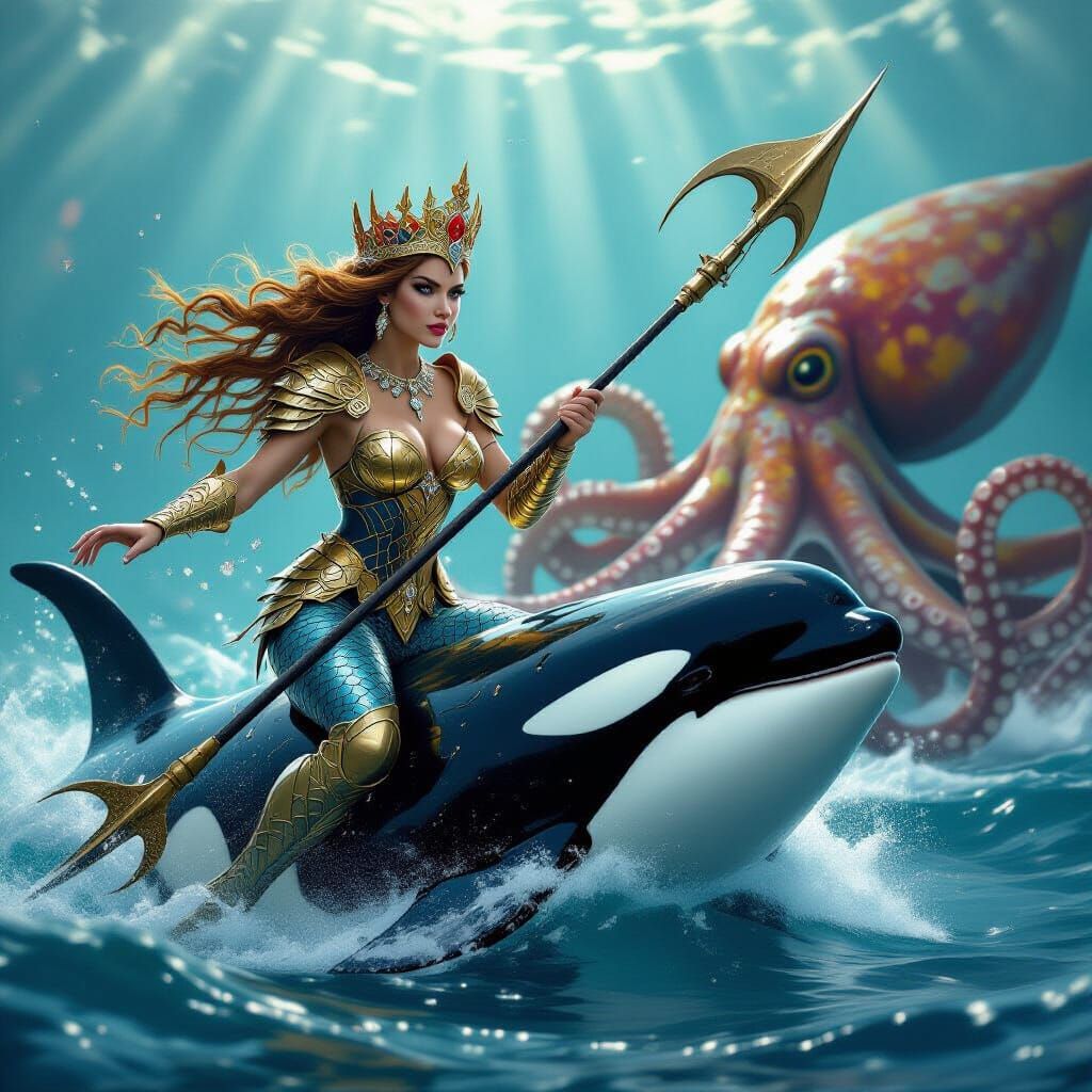 Mermaid Queen Riding Orca Defends Against Squid