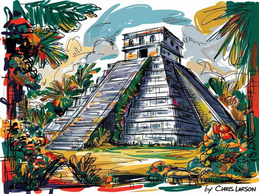 A pen and ink urban sketch style of a Mayan Ruin in a funky,...