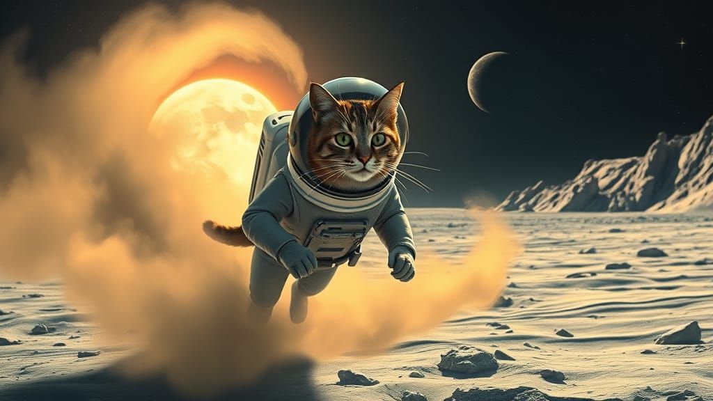 Futuristic Feline Afloat in Lunar Clouds