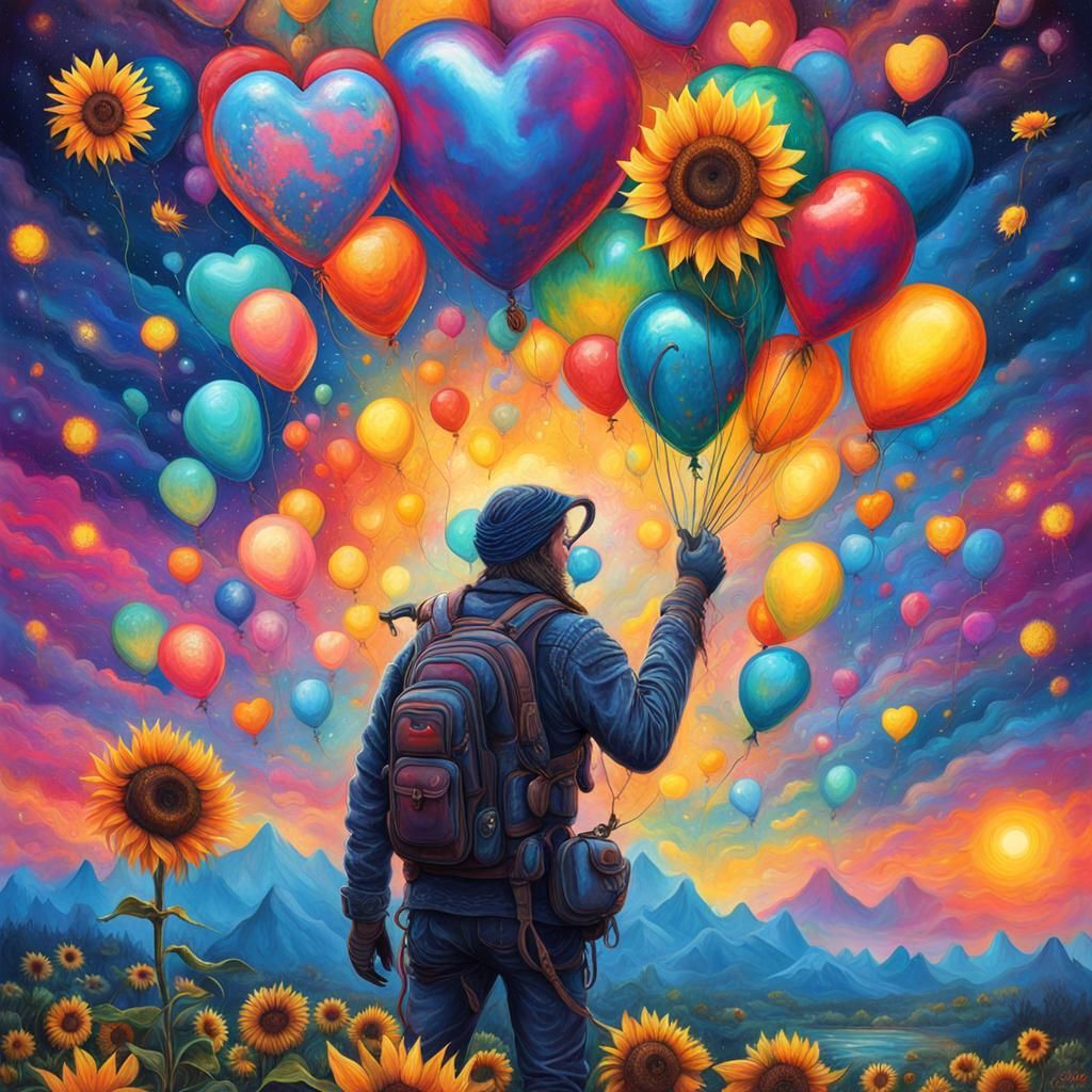 Surreal Starry Heart with Sunflowers and Rainbows