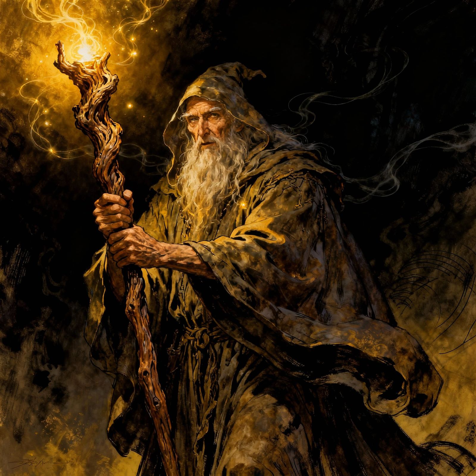 Wizard with Glowing Staff in Dramatic Light