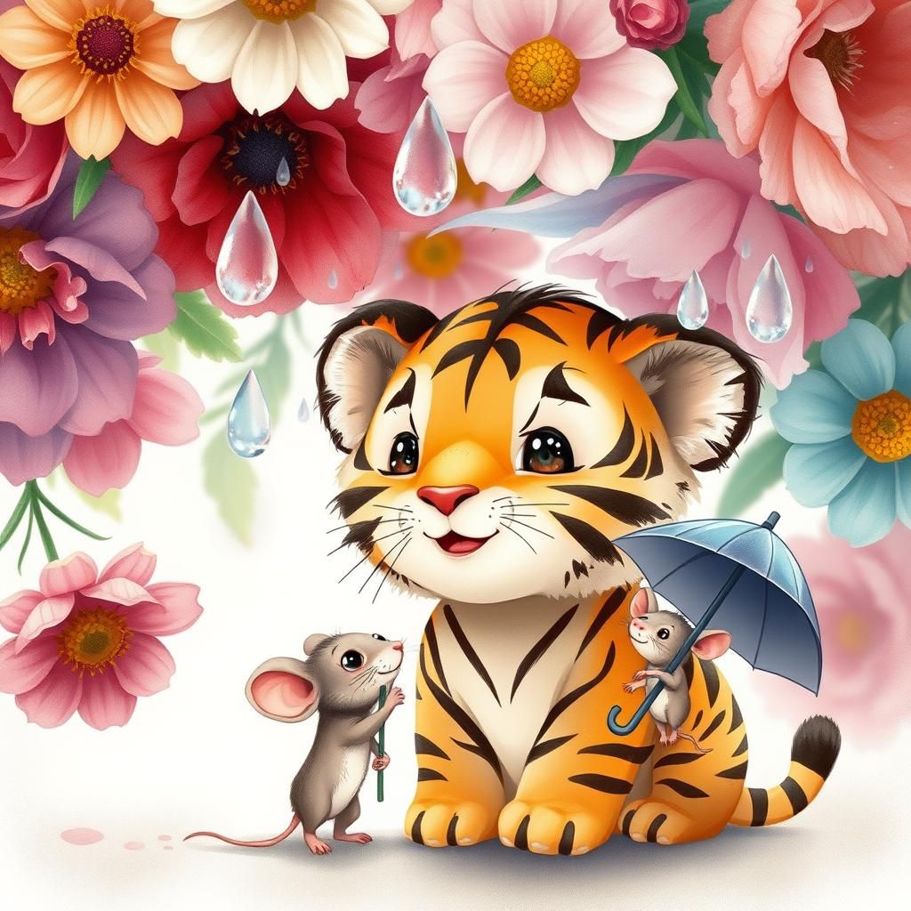 Chibi Tiger and Smiling Mouse in Rainy Garden