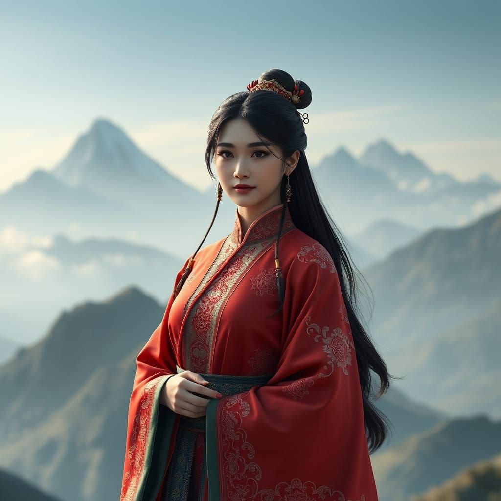 Chinese Girl Portrait with Mountain Backdrop in 3D Style