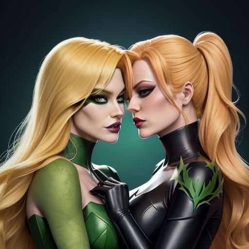The blonde Poison Ivy lovingly kissing the blonde Batgirl, affectionately and exchanging affection between their bodies.