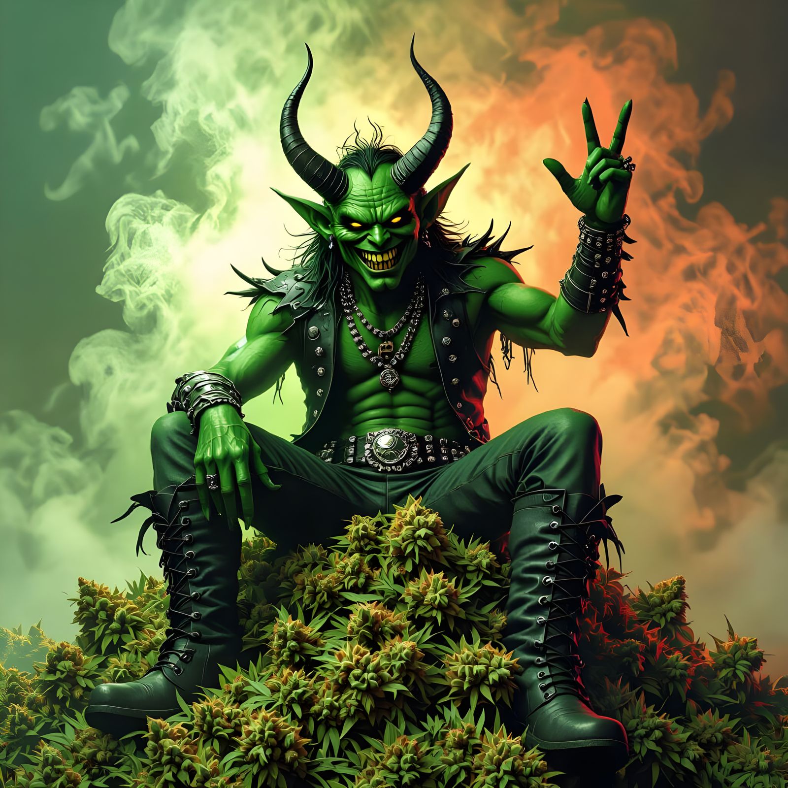 Green Devil Smirks on Cannabis Pile Making Heavy Metal Sign