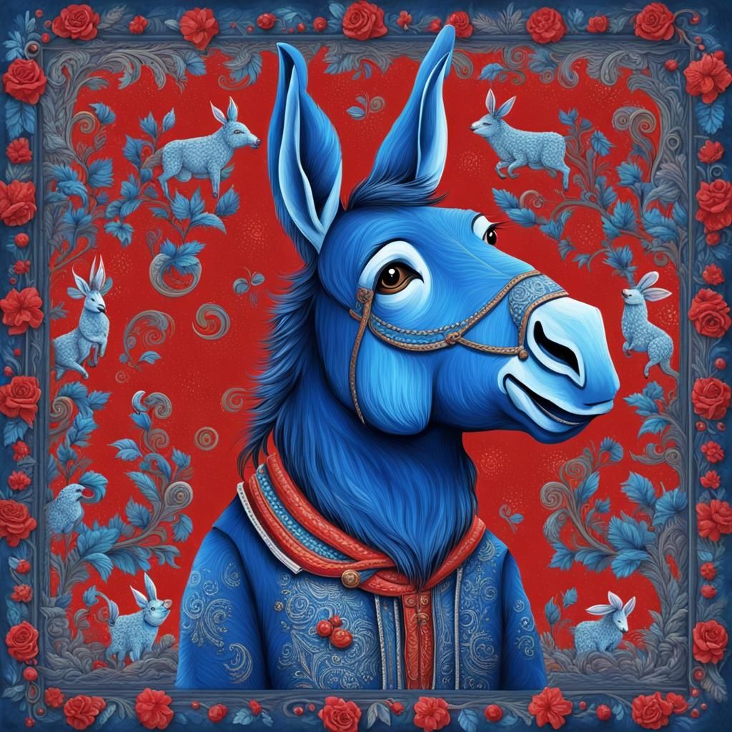Blue Donkey with Red Saddle
