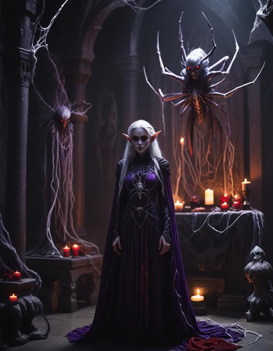 Drow Elf Priestess in Dark Fantasy Temple