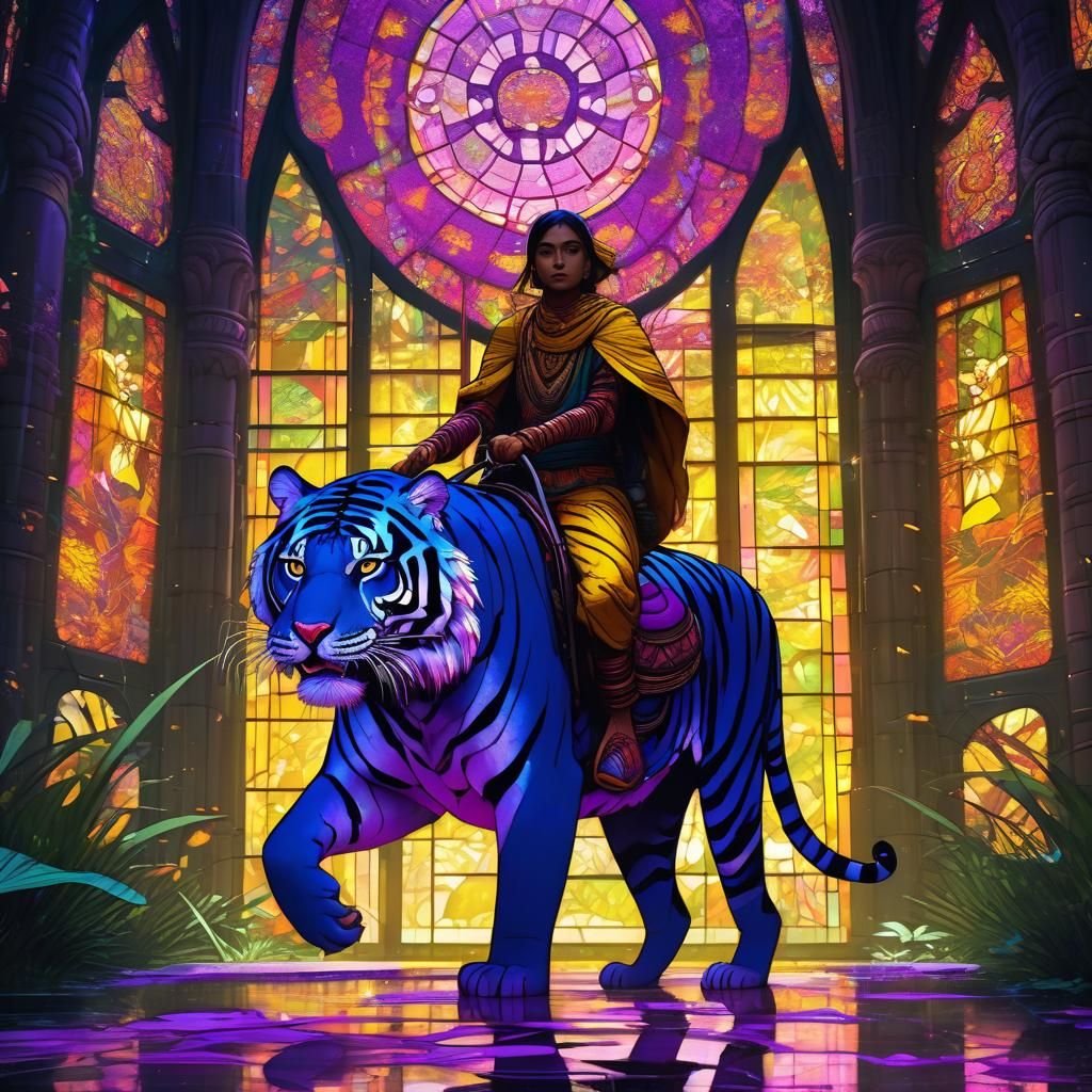 Bangladeshi Teen on Tiger in Stained Glass Style