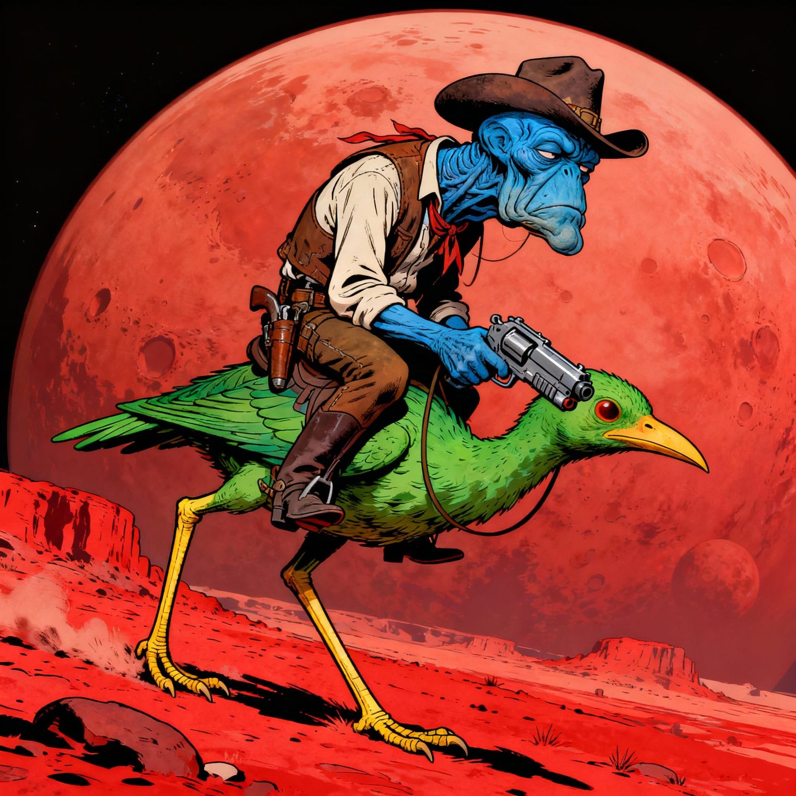 Alien Bounty Hunter Cowboy Rides Green Bird on Red Planet