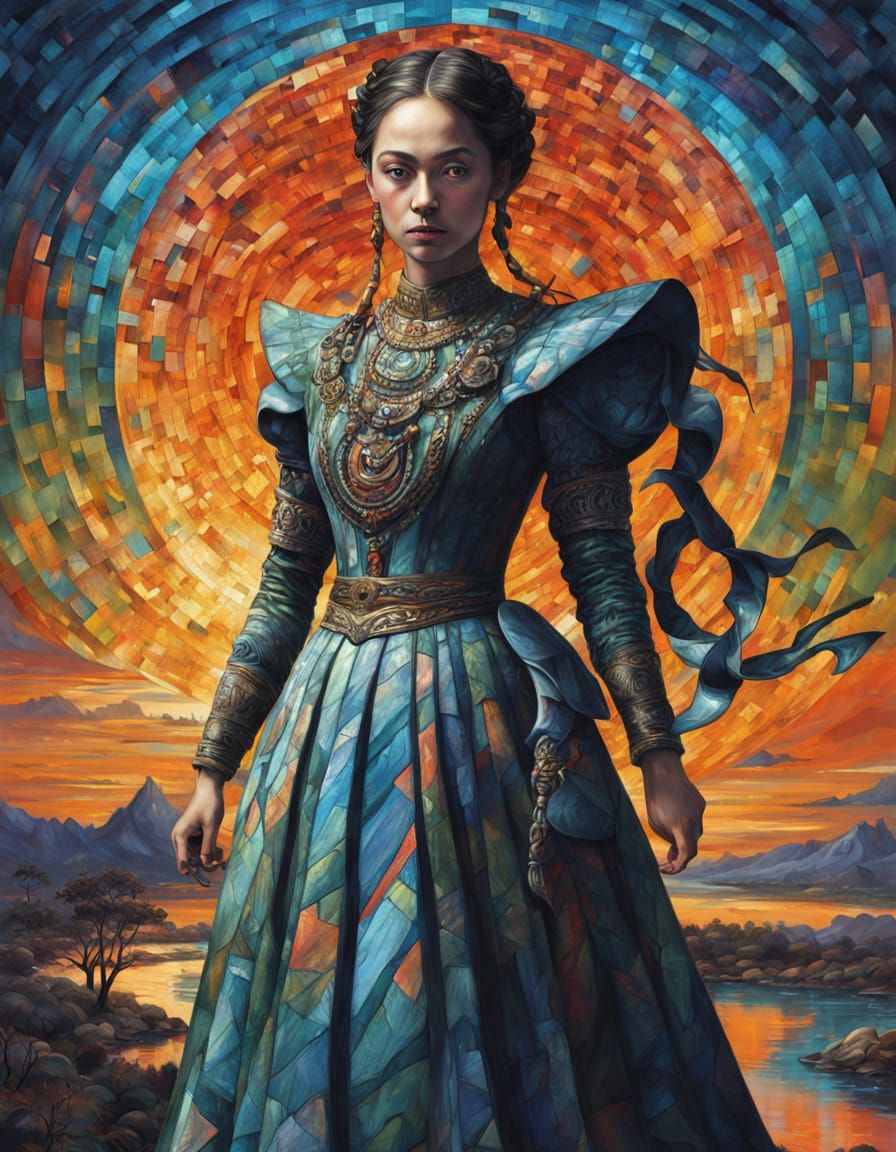 Goddess Woman in Fractal Gown, Surreal Landscape