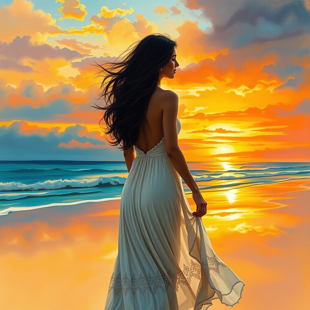 Elegant Woman Silhouetted Against Sunset Beach