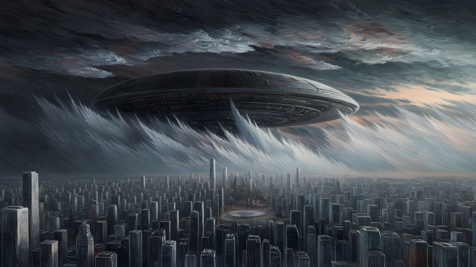 Cosmic Storm Looms Over Neo-Impressionist Mega City