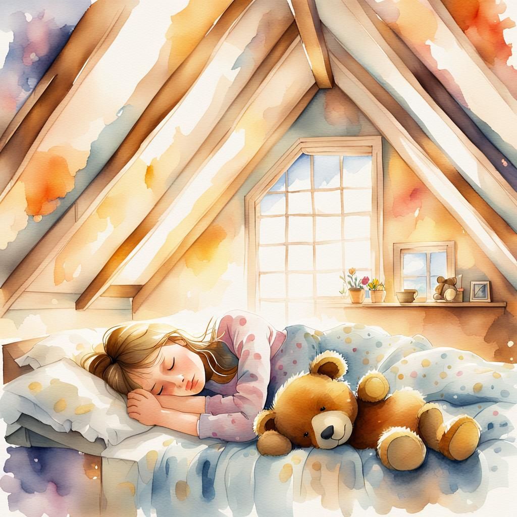Dreamy Watercolor: Girl Sleeping with Teddy Bear