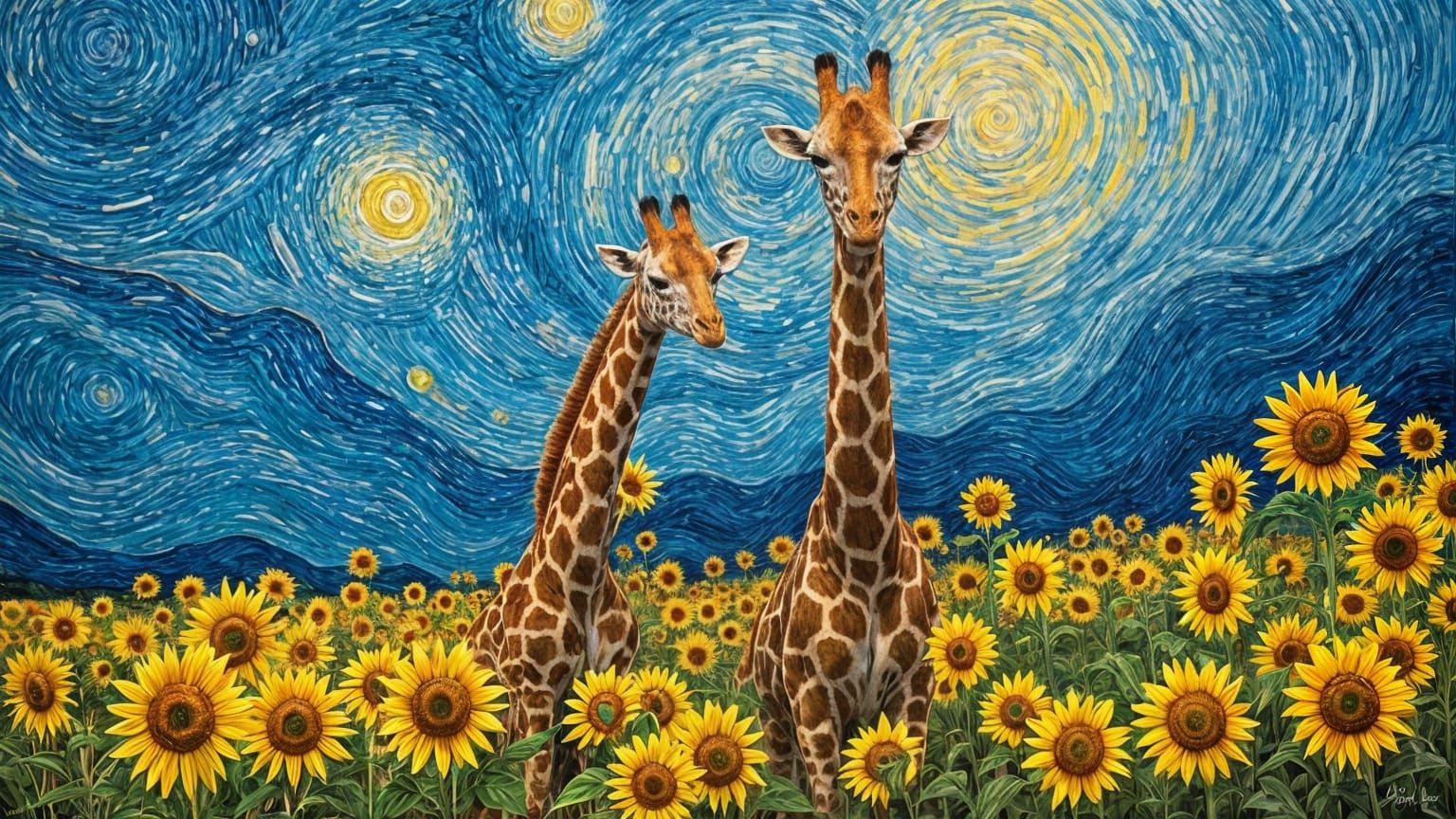 Giraffes Under Starry Night Sky with Sunflowers in a Van Gog...