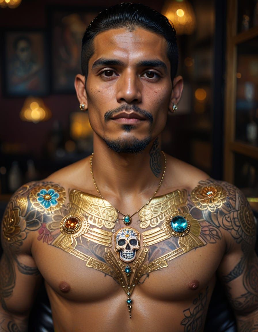 Latino Man with Gemstone Tattoo Portrait