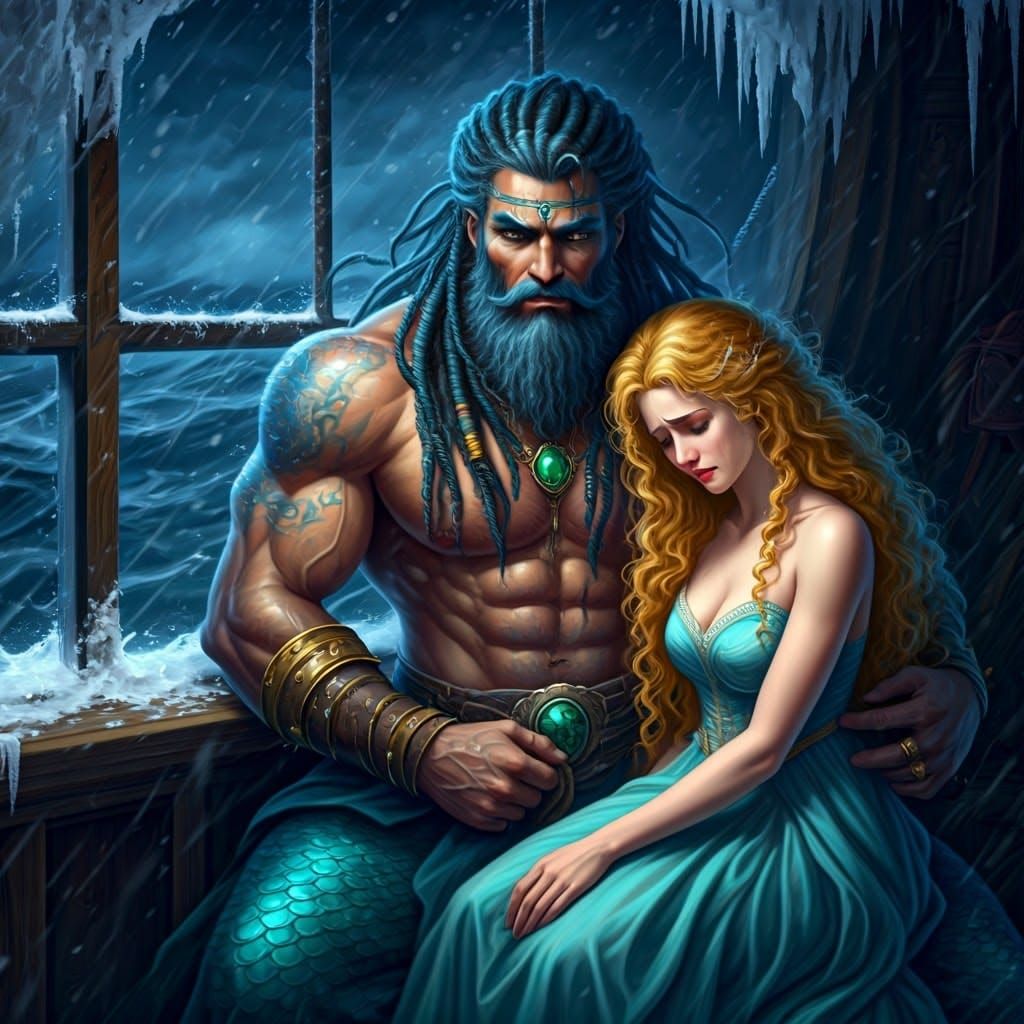 Majestic Sea King in Turquoise Attire, Surrounded by Stormy ...