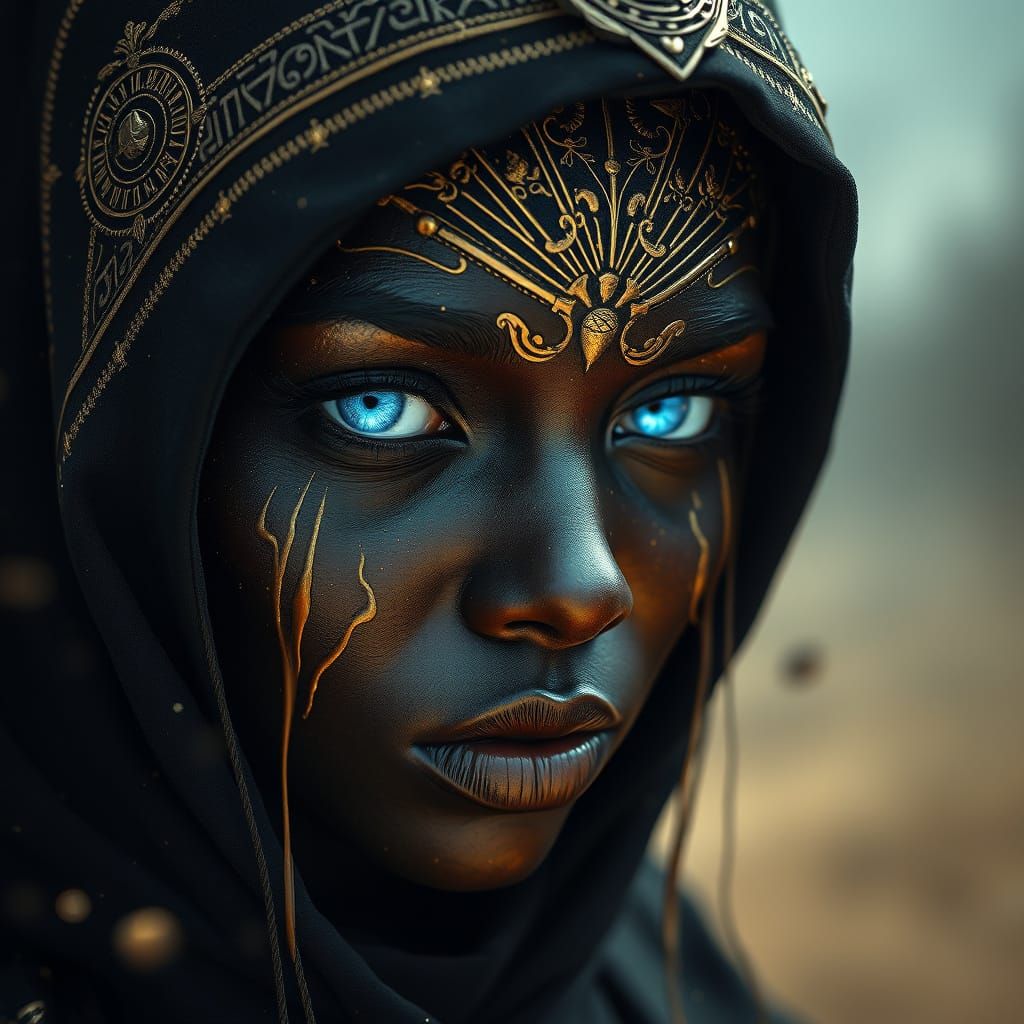 Ethereal Oracle in Hyperrealistic Gold and Sapphire