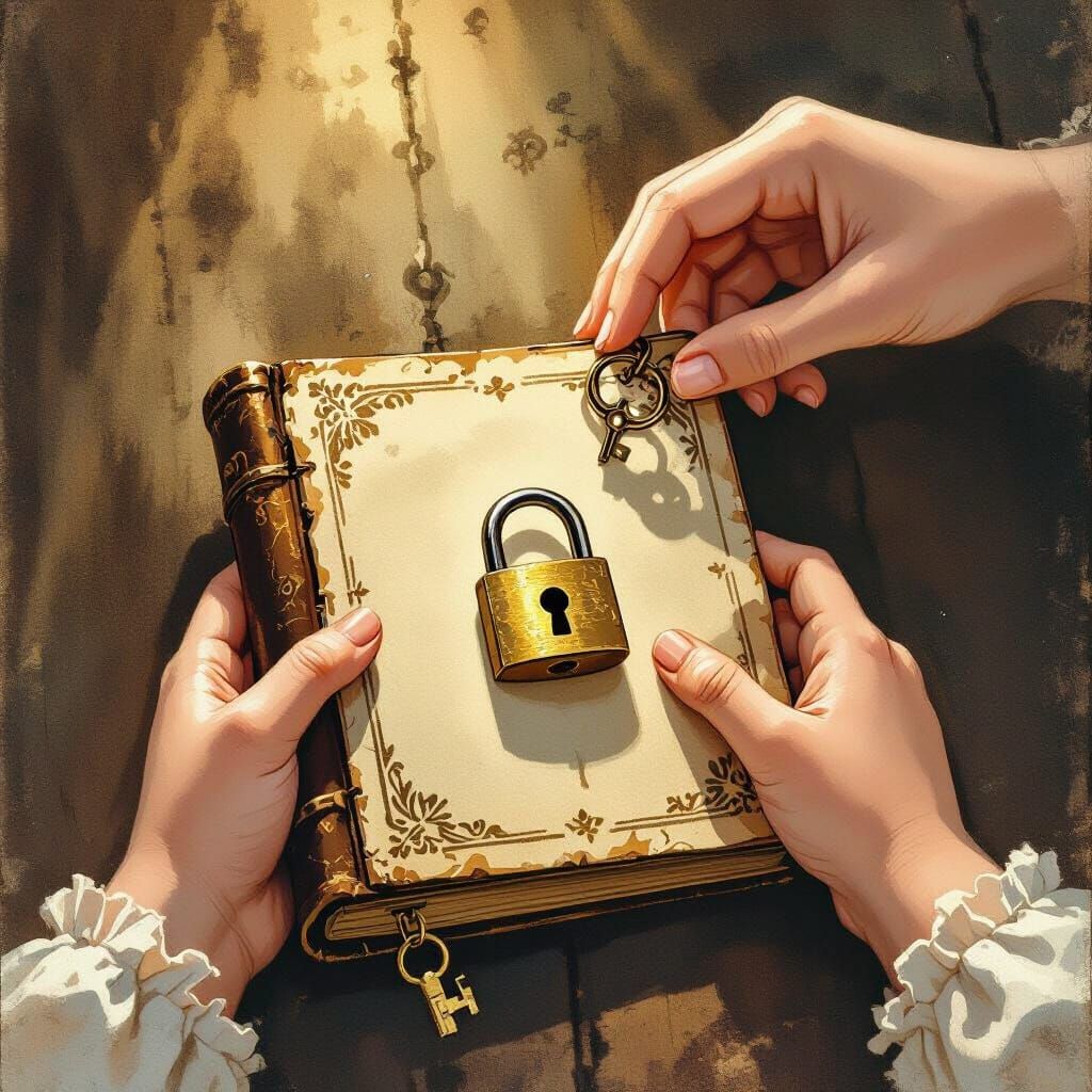 Young Girl's Hands Holding Antique Diary with Key