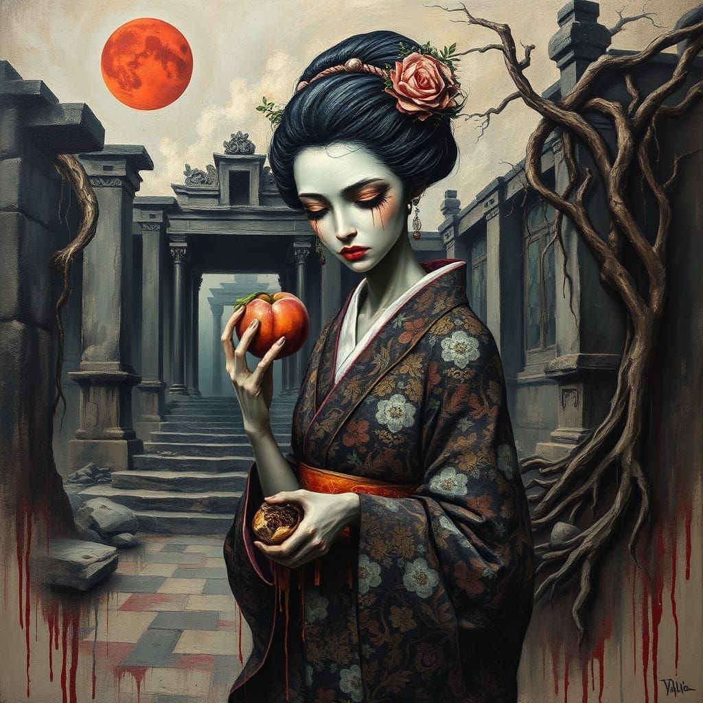 Sorrowful Geisha with Peach in Surreal Ruins