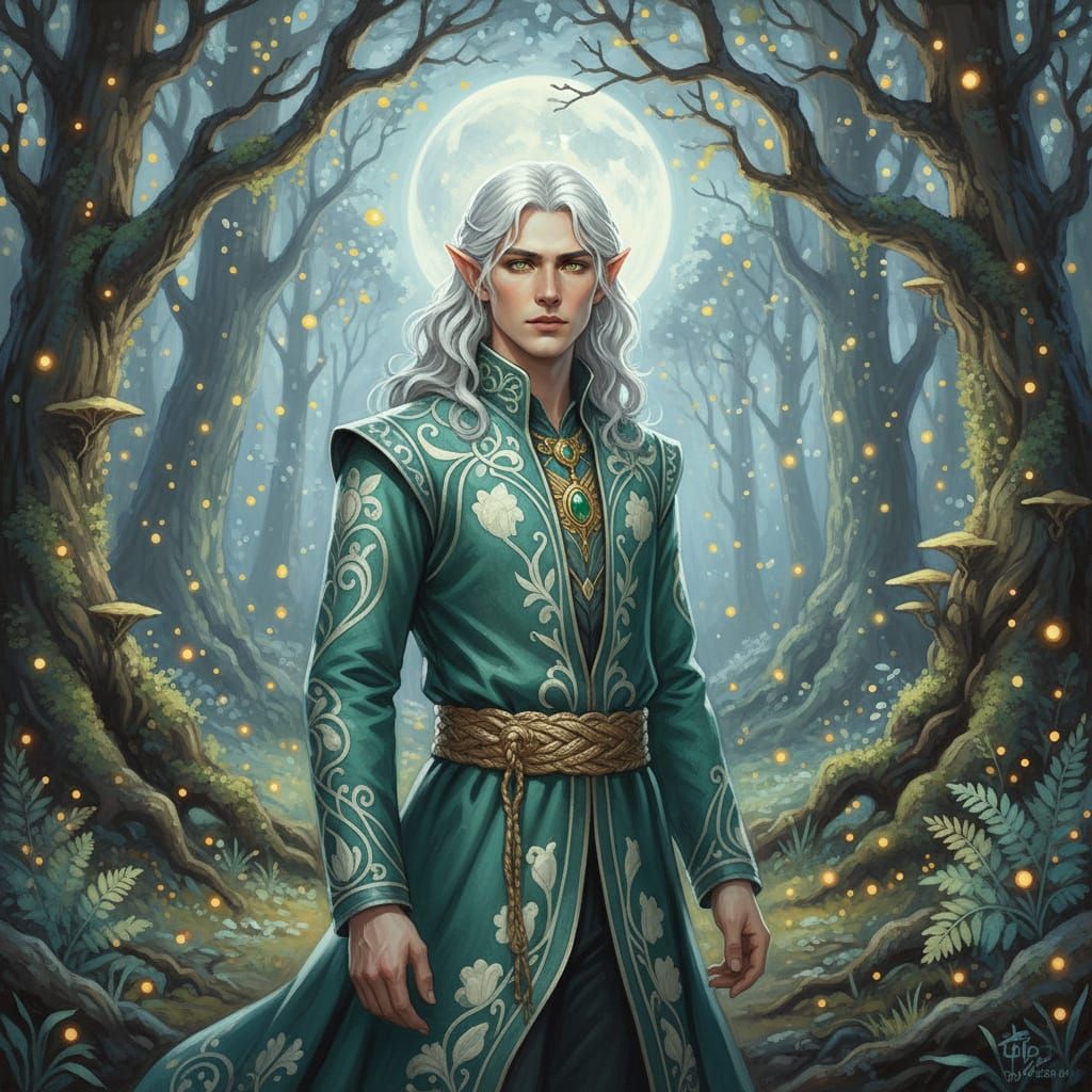 Enchanting Elf in Moonlit Forest, Romantic Ambiance