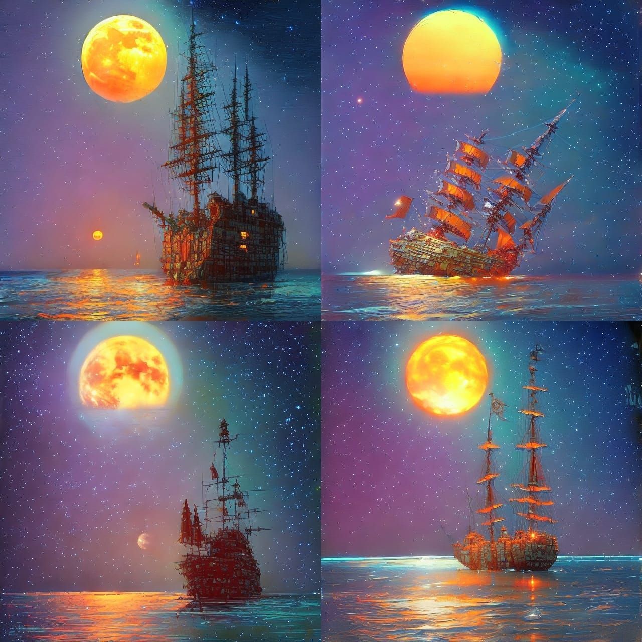 Pirate Ship Under Moonlit Starry Sky: Anime Style