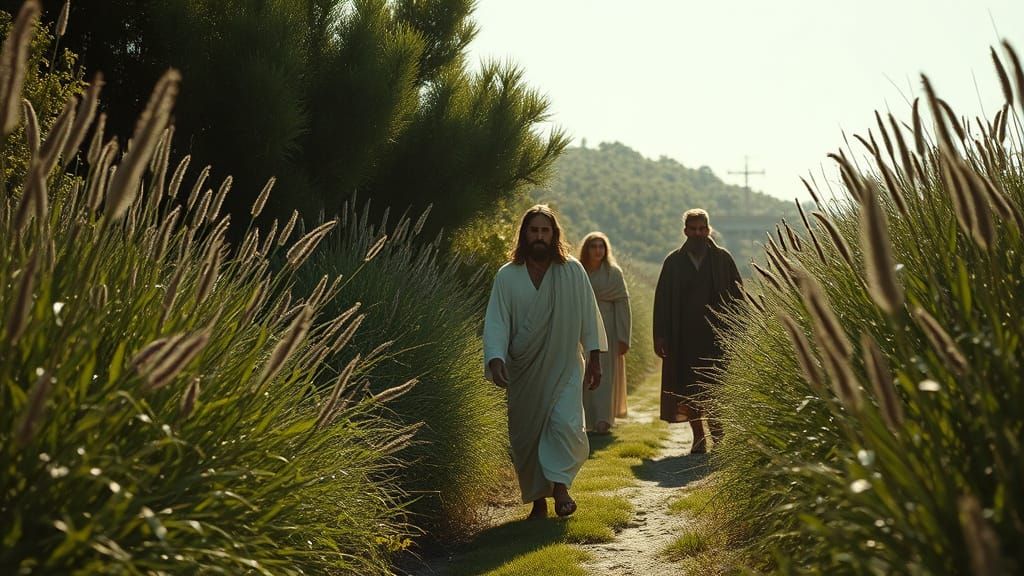 Jesus and Disciples Walk a Bush Lined Path