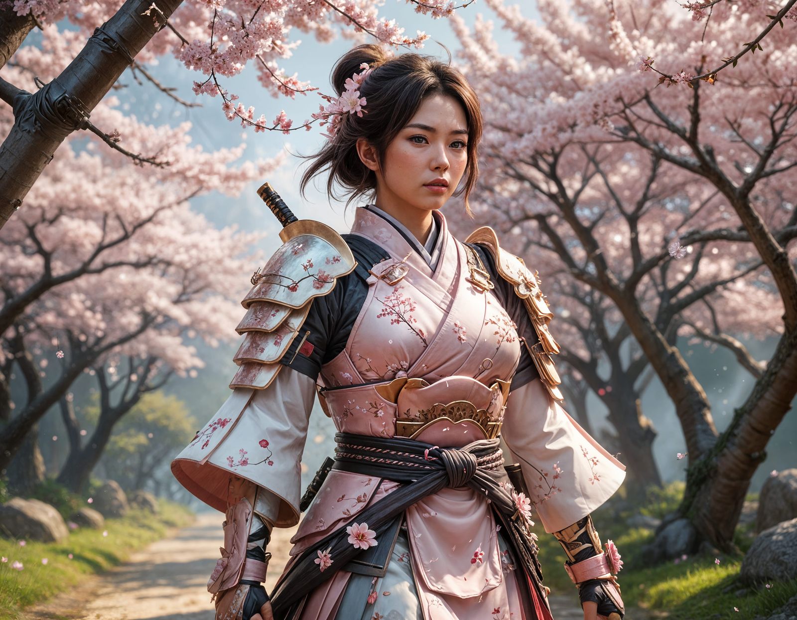 Ethereal Japanese Lady Samurai in Cherry Blossom Grove