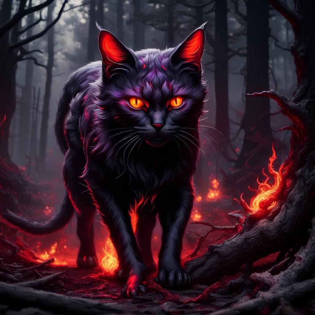 Creepy Black Cat with Flaming Eyes in Dark Woods