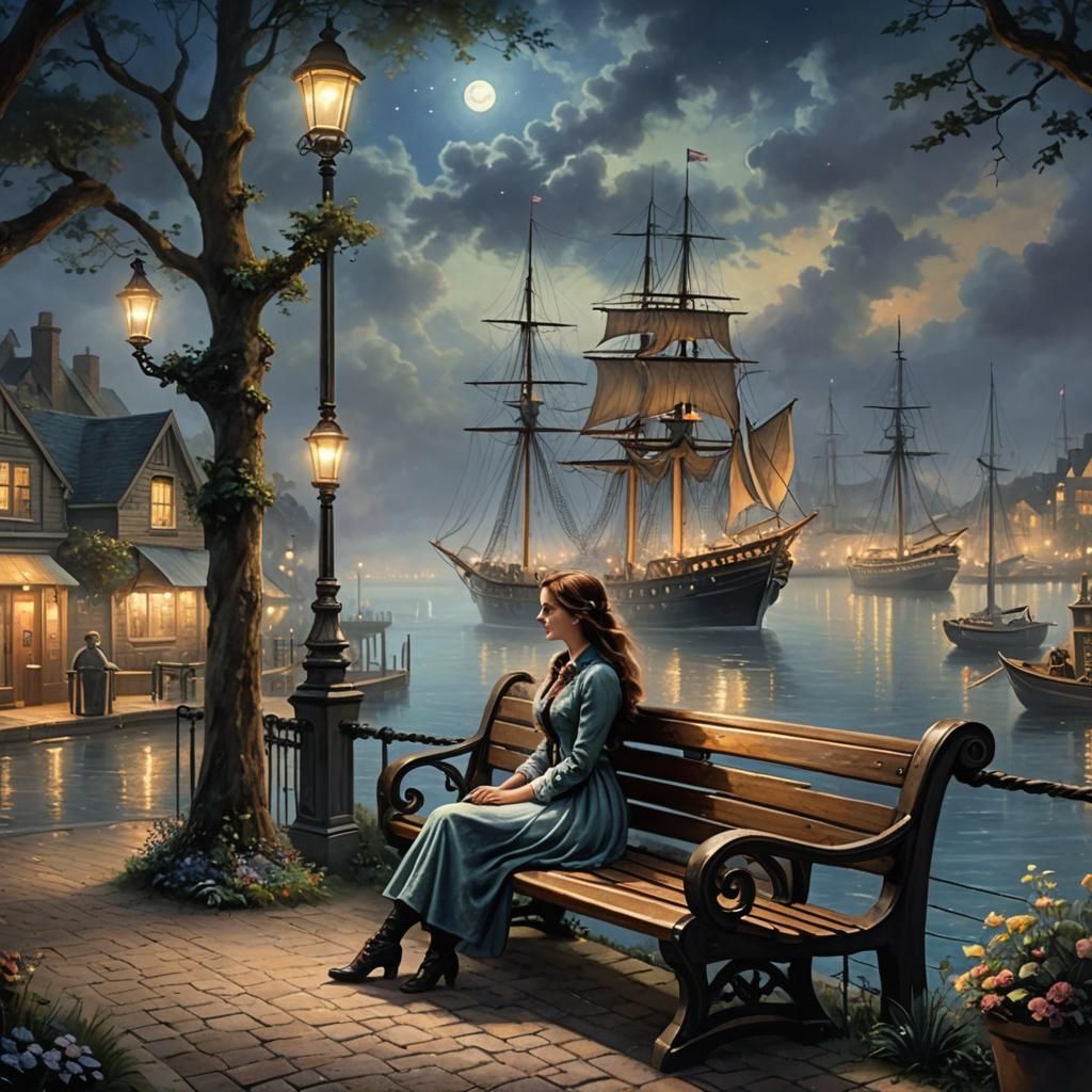 Victorian Harbor Scene with Woman in Ethereal Mist