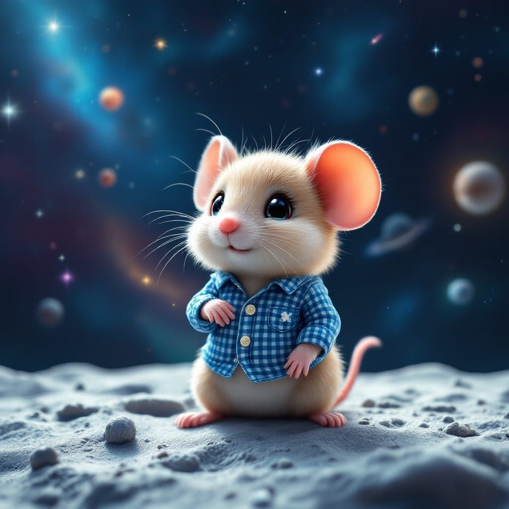 Cute Chibi Mouse Explores the Moon in a Blue Gingham Shirt