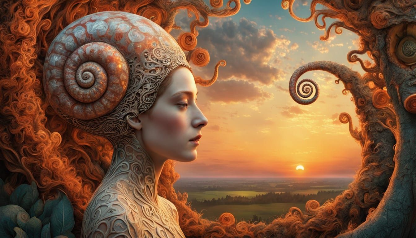 Surreal Goddess of the Cosmic Labyrinth in Sunset Glow