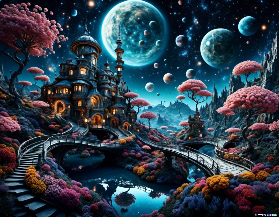 Futuristic Moon Base with Galaxies and Flowers