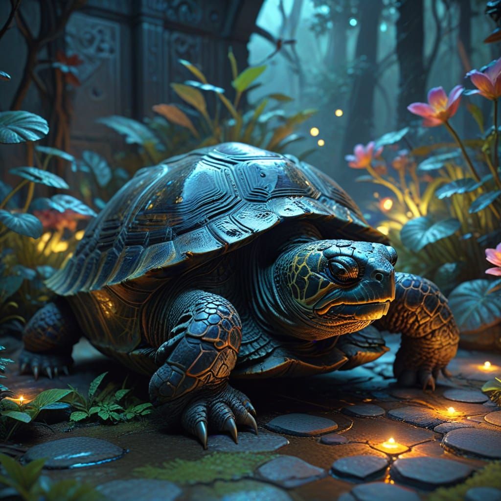 Wise Tortoise Meditating in Bioluminescent Zen Garden