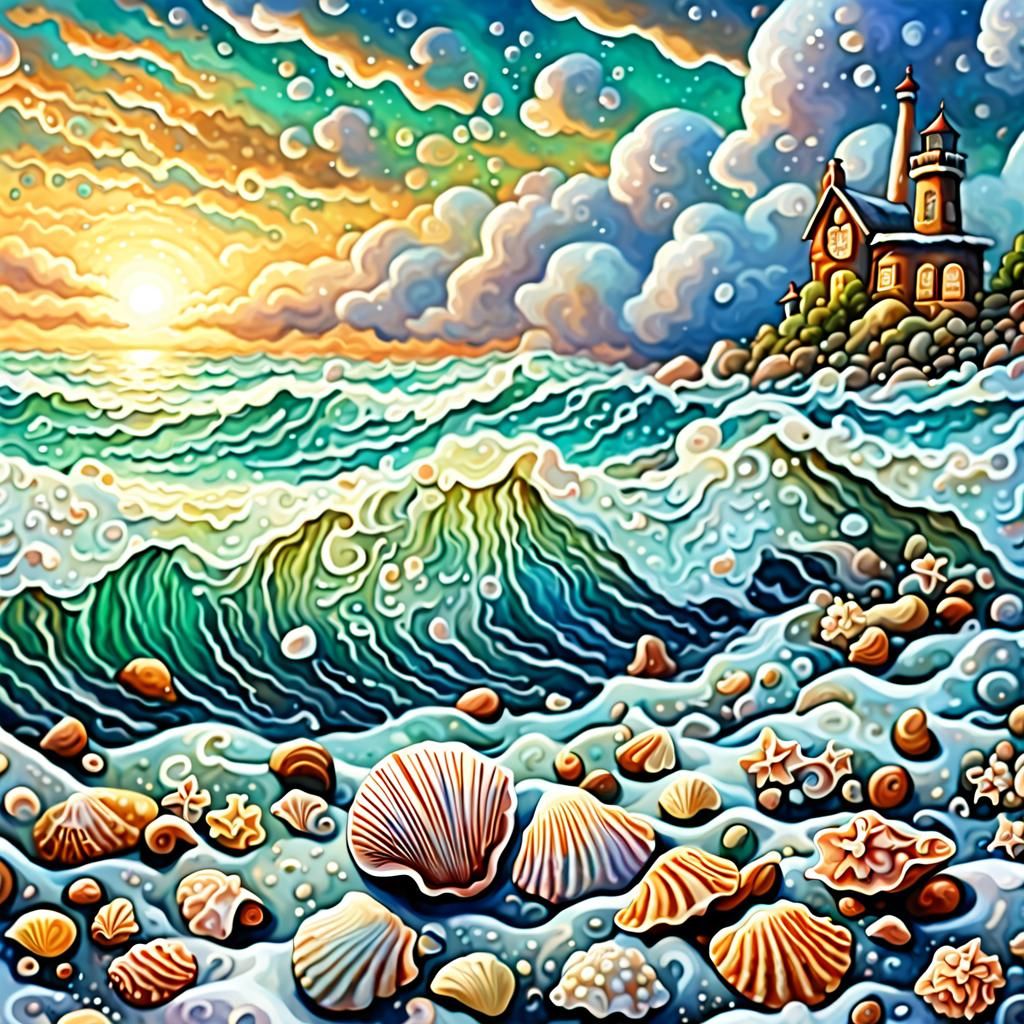 a wavy sea. foam is flying. A few seashells are scattered on...