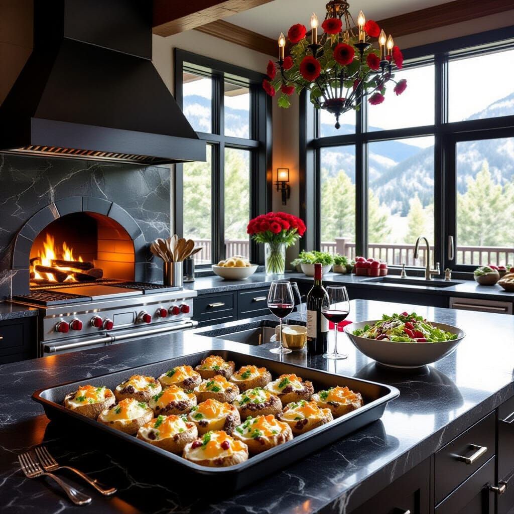 Lavish Black Kitchen with Gourmet Potatoes and Mountain View