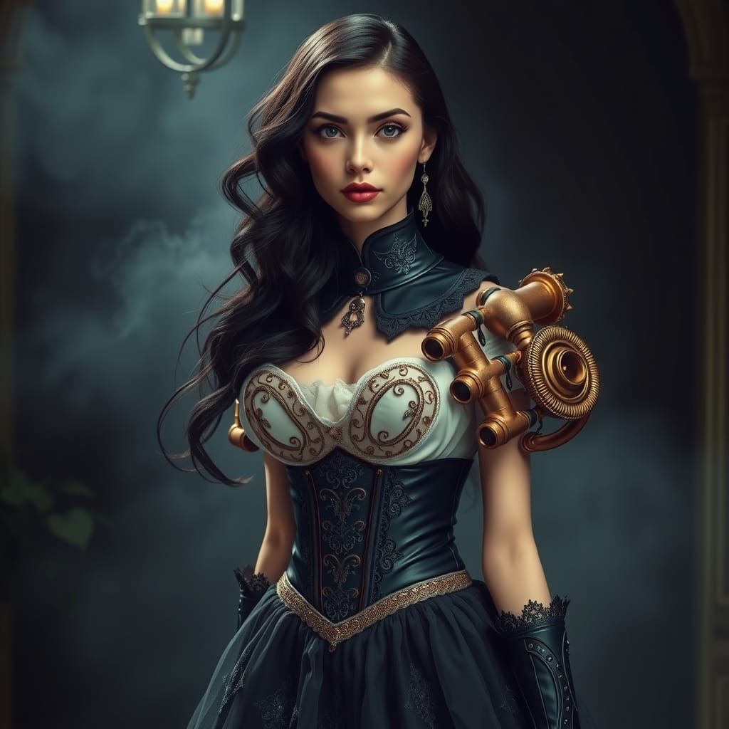 Gothic Victorian Woman in Cyberpunk Exoskeleton