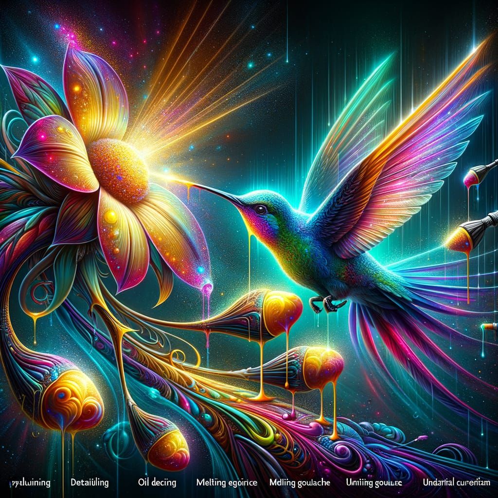 Bioluminescent Hummingbird and Cosmic Flower: Hyperrealistic...