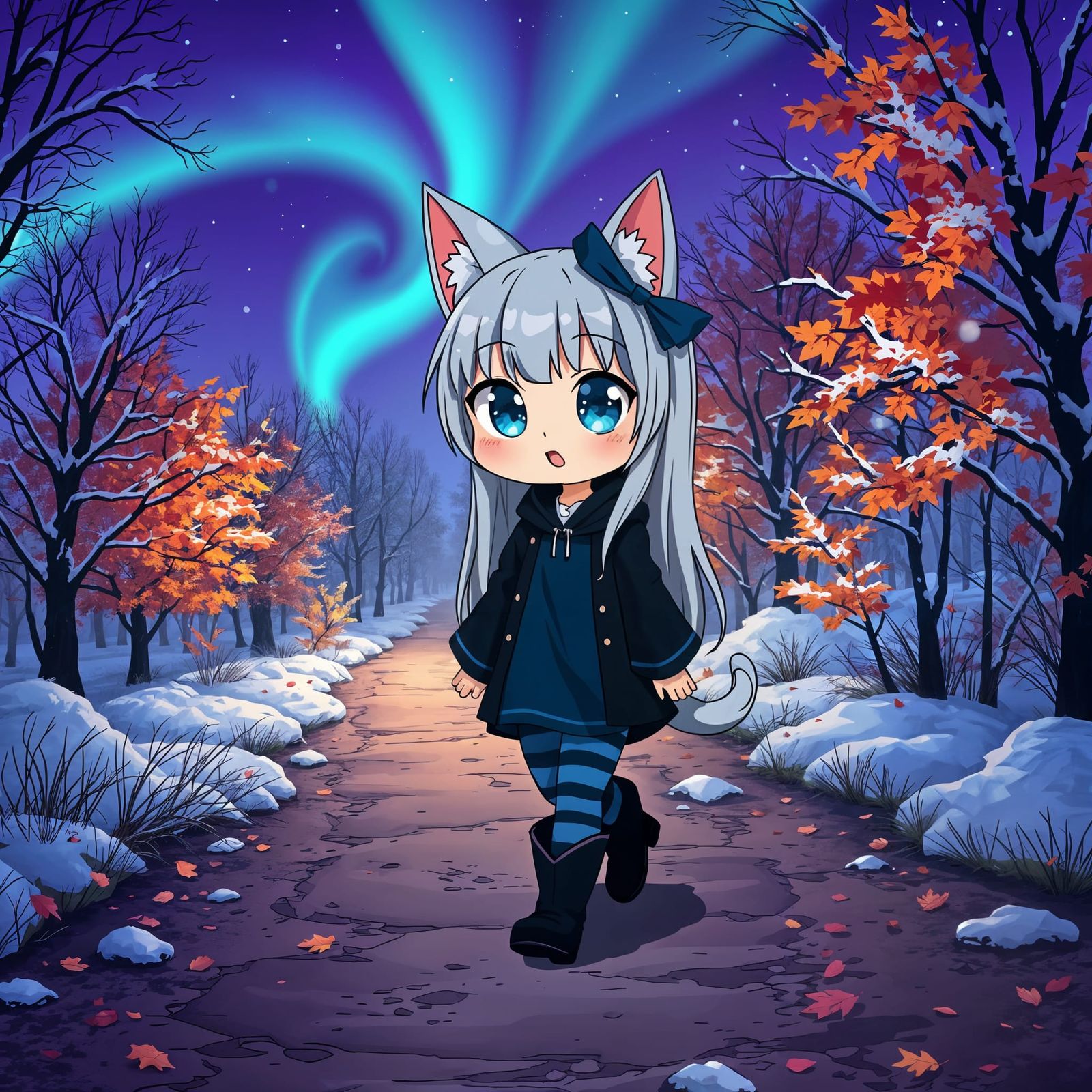 Anime Catgirl in Snowy Autumn Park at Night