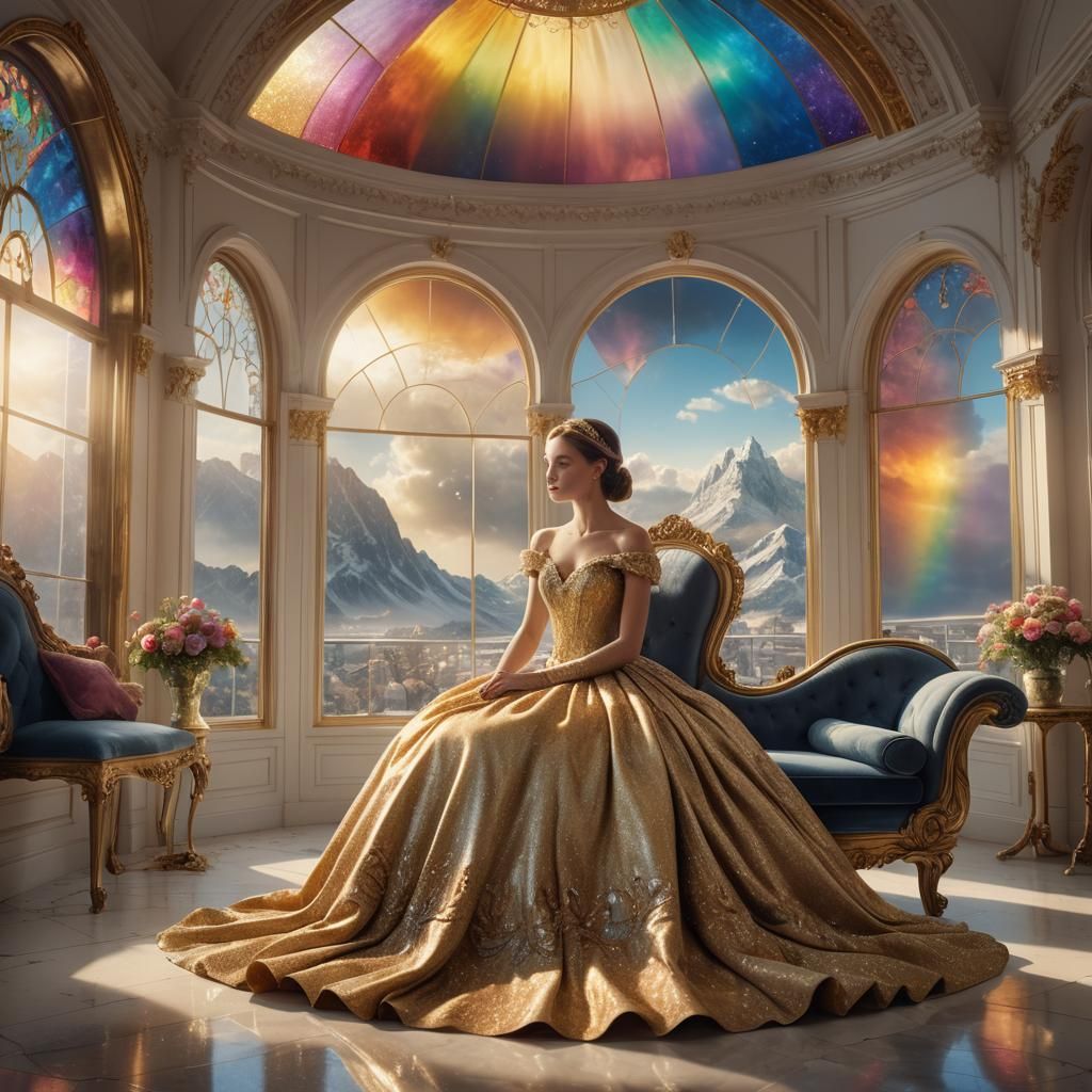 Princess in Gold Gown by Rainbow Window