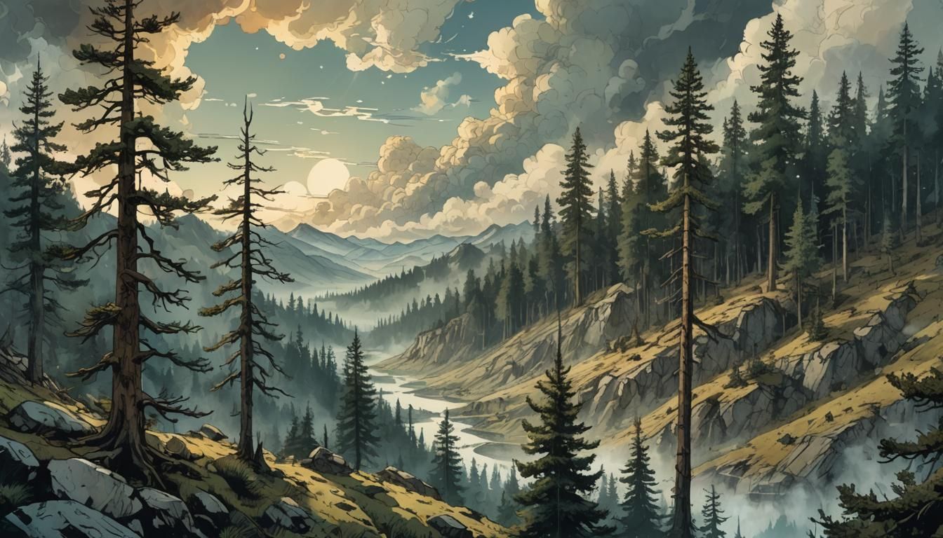 Whimsical Pine Forest Illuminated by a Majestic Dawn Sky