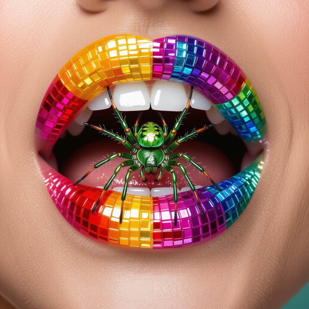 Hyperrealistic Close-Up of Woman's Mouth Holding Green Spide...
