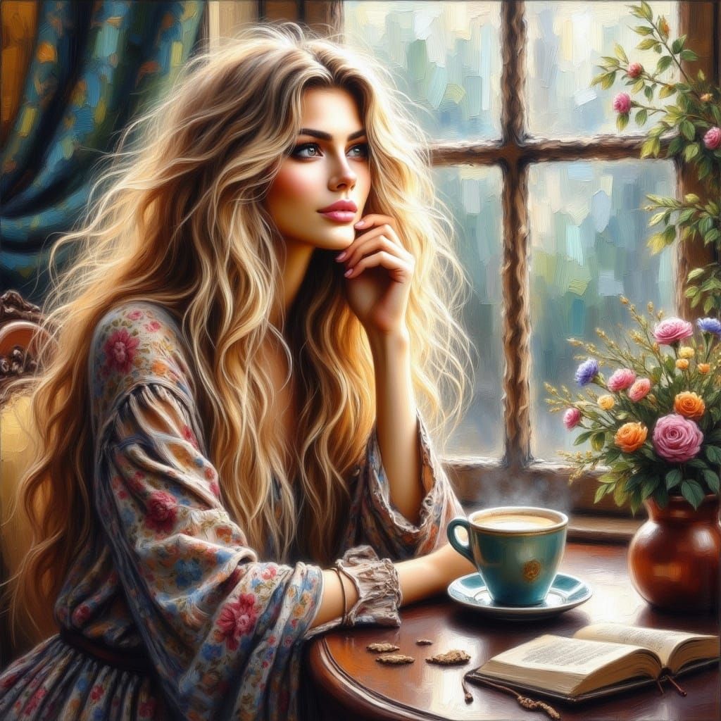 Beautiful Woman Enjoying Coffee in Antique Watercolor Style
