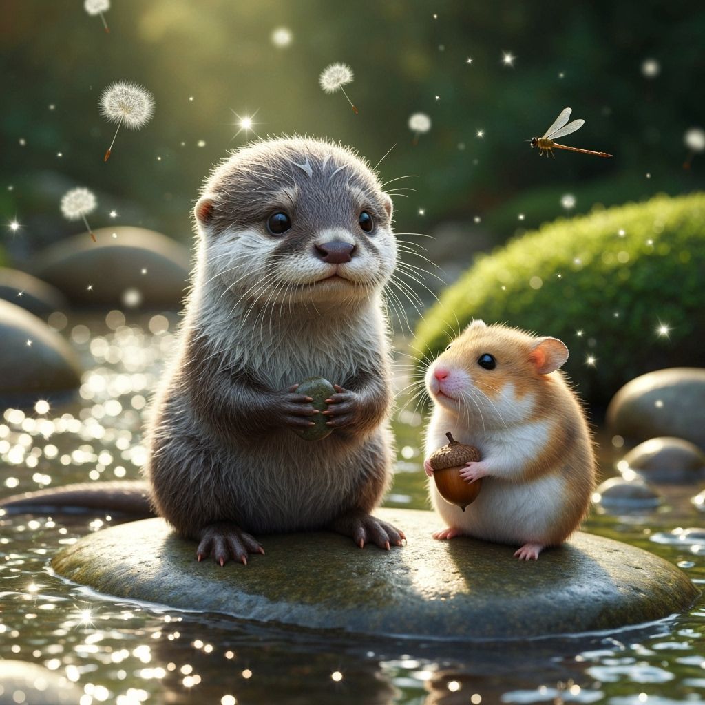 A photorealistic scene of a tiny baby otter and a tiny baby ...