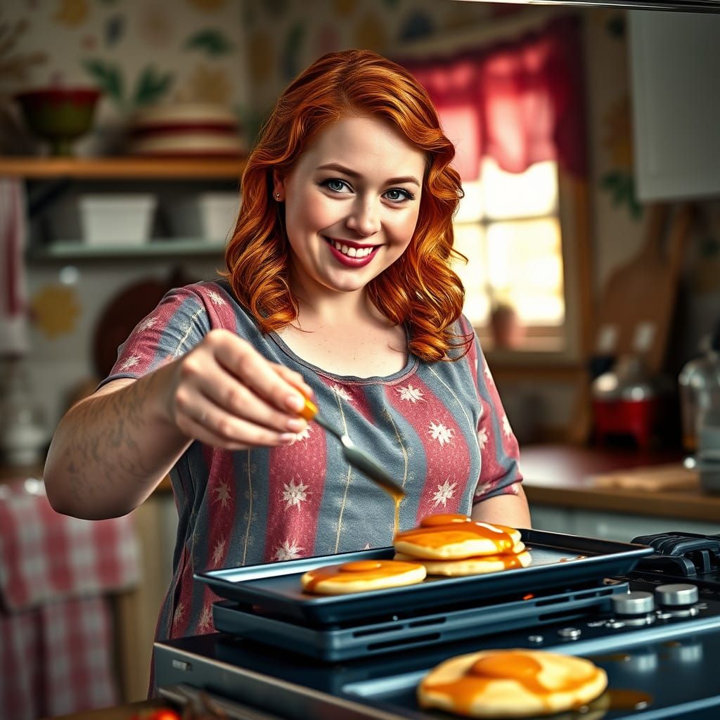 Cozy American Tradwife Flips Pancakes in Sunlit Kitchen