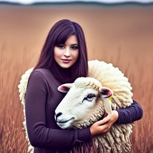 Sheep and Girl in Autumn Field: Photography