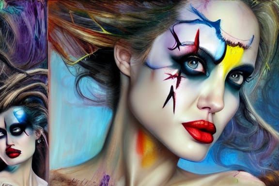 Angelina Jolie wearing clown makeup. Cirque Du Soleil. Head and shoulders portrait by Anna Dittmann and Pino Daeniby.