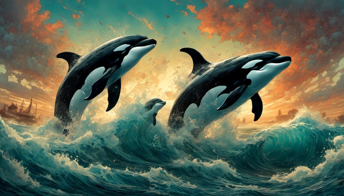 Killer Whales Leaping in Wild Waves Digital Art