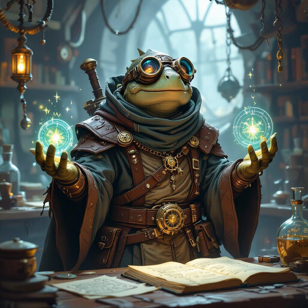 Tortle Artificer Wizard in a Dimly Lit Laboratory