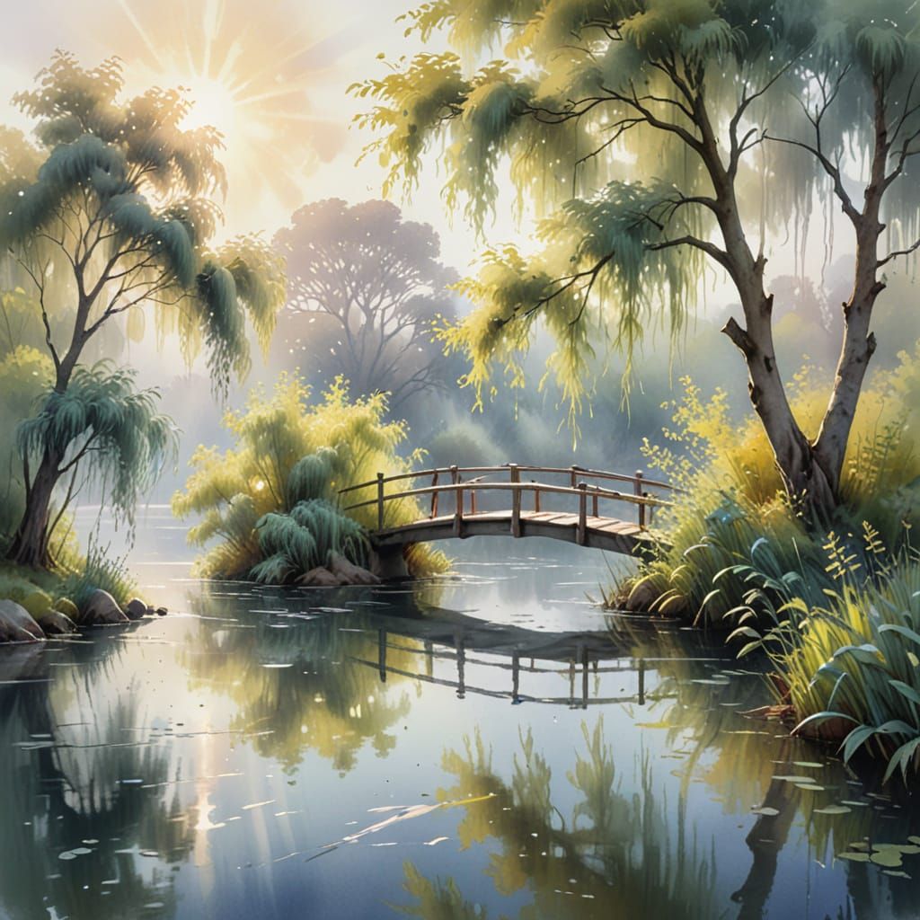 Serene Bridge Over a Misty Lake in Vibrant Oil Painting
